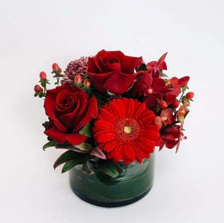 Maria - Red Roses & Seasonal Red Flowers Arrangement In Vase