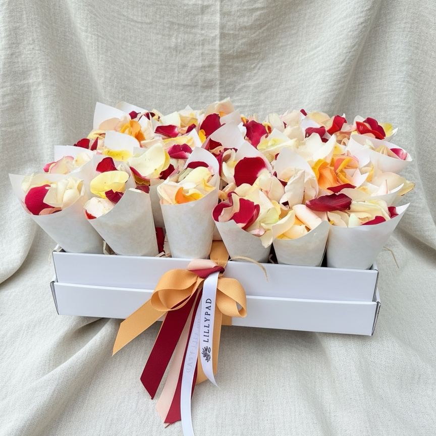 colourful or pastel rose petals in cones for wedding ceremony confetti. Melbourne florist