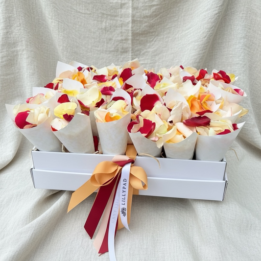 colourful or pastel rose petals in cones for wedding ceremony confetti. Melbourne florist