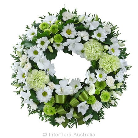 Floral wreath with white and green flowers funeral service melbourne florist