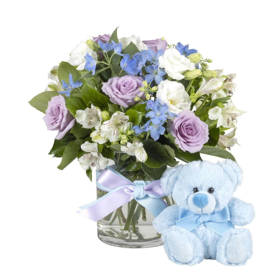 Newborn Blue Flowers - Blue and Purple Flowers with Blue Teddy Bear (Interflora)