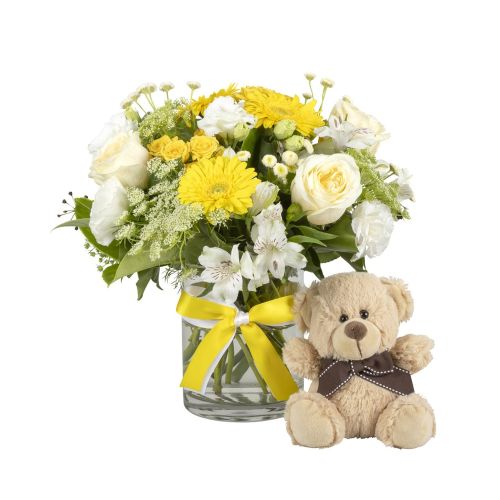 Newborn Flowers - White and Yellow Flowers with Teddy Bear (Interflora)