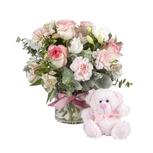 Newborn Pink Flowers - Vase Arrangement With Pink Teddy Bear Soft Toy (Interflora)