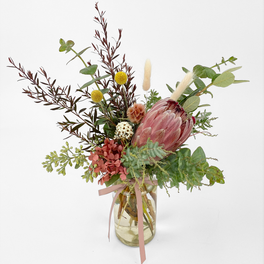 Protea - Mason Jar Flowers with Protea, Billy Buttons & seasonal fillers
