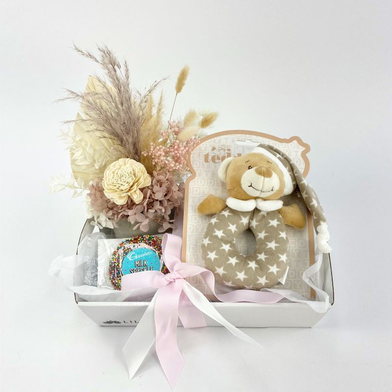 Cutie - Newborn Baby Hamper Box, preserved flower arrangement, baby rattle & more