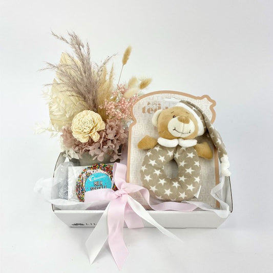 Cutie - Newborn Baby Hamper Box, preserved flower arrangement, baby rattle & more