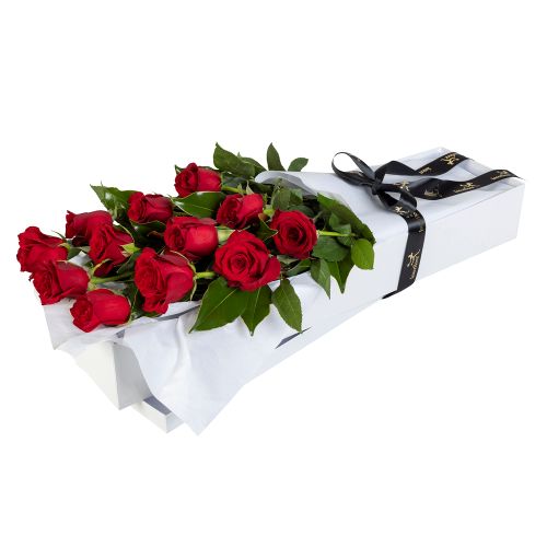 Romantic Roses - 12 Long Stem Red Roses in Long Flat Gift Box (Interflora)