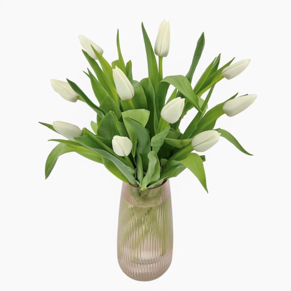 Ruby - White Tulip Bouquet in Pink Textured Vase