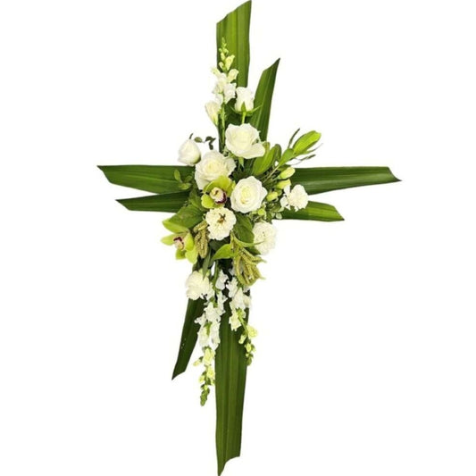 Salvation - White Rose & Seasonal Flowers Funeral Cross Tribute