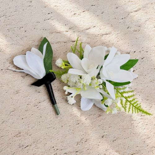 White floral boutonniere and corsage wrist crosage or buttonholes florist melbourne