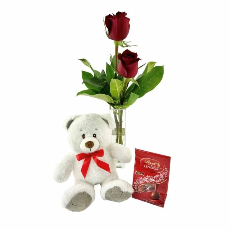 Sweet Things - 2 Long Stemmed Red Roses, Chocolates & Teddy Bear