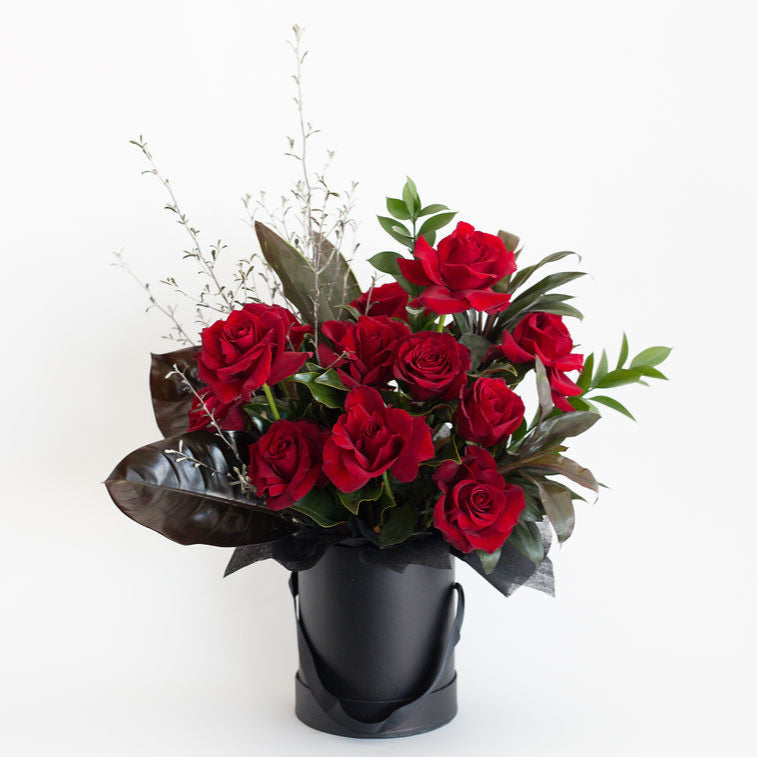 Theresa - Luxe Dozen Red Roses Arrangement In Black Hat Box