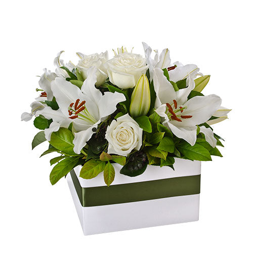 White Florals - White Lily & Rose Box Arrangement