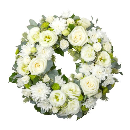 White Sympathy Wreath - Roses, Chrysanthemums, Lush Greenery