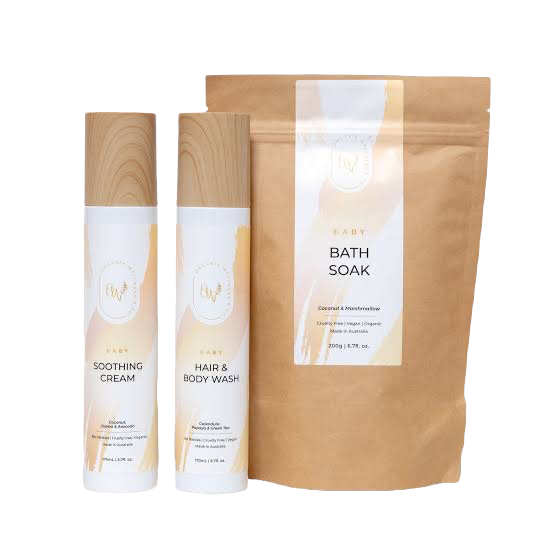 Organic baby soothing cream, baby body wash and baby bath soak gift pack.