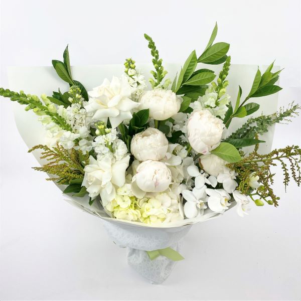 Luxe rose, blush pink peony (white sold out) , hydrangea, phalaenopsis and snapdragon bouquet.