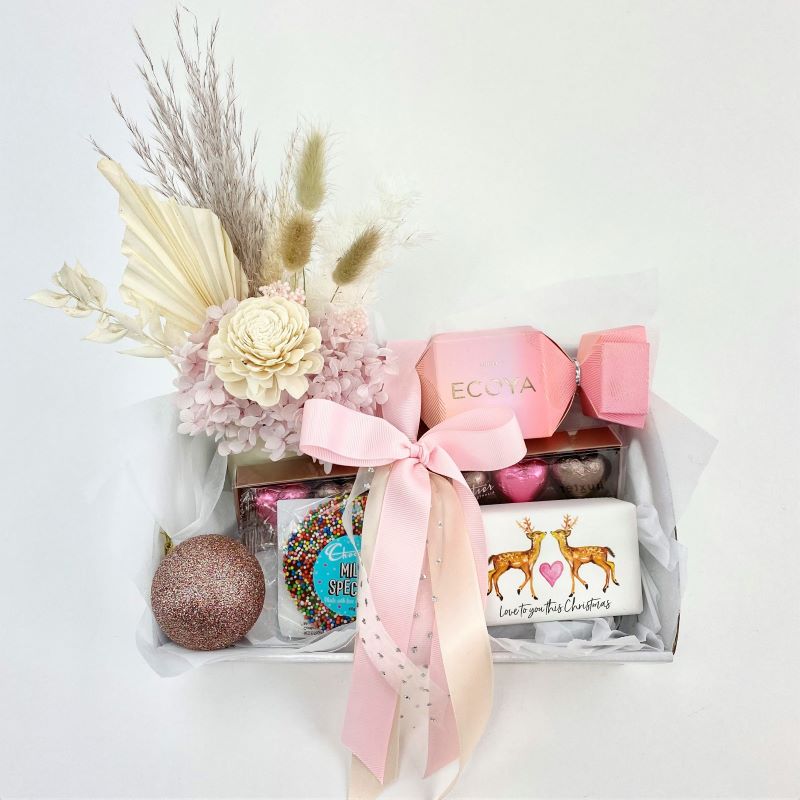 Christmas Hamper with Dried Flowers, Chocolatier chocolates, Ecoya body butter and Huxter hand soap.