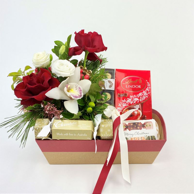 Fresh flower gift hamper combined with Chocolatier and Lindt chocolates & Huxter hand soap.