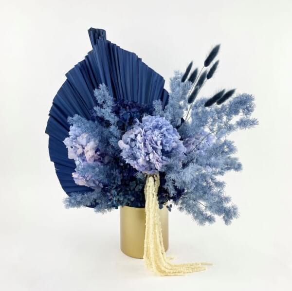 Arlo - Dried & Preserved Navy and Light Blue Flower Arrangement in Gold Vase