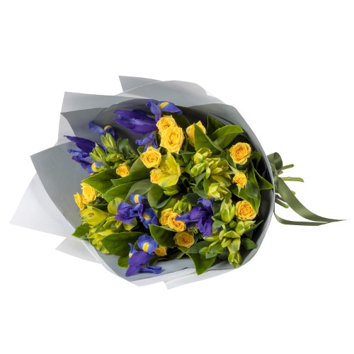 Bright and colourful bouquet of yellow spray roses alstromeria and blue iris, available for Melbourne and Australia wide delivery.