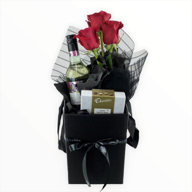 Relish - Gift Box with Fleur Botanica white wine, chocolatier chocolates and 3 premium red roses.