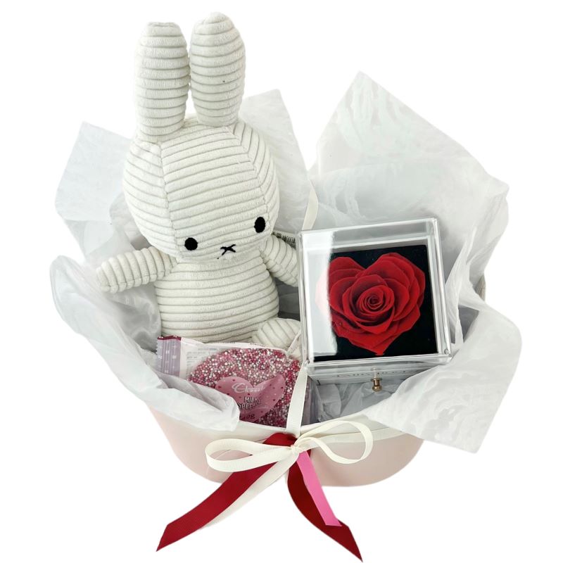 Thrive - Gift box with preserved red rose jewellery box, chocolate, white miffy. Melbourne delivery.