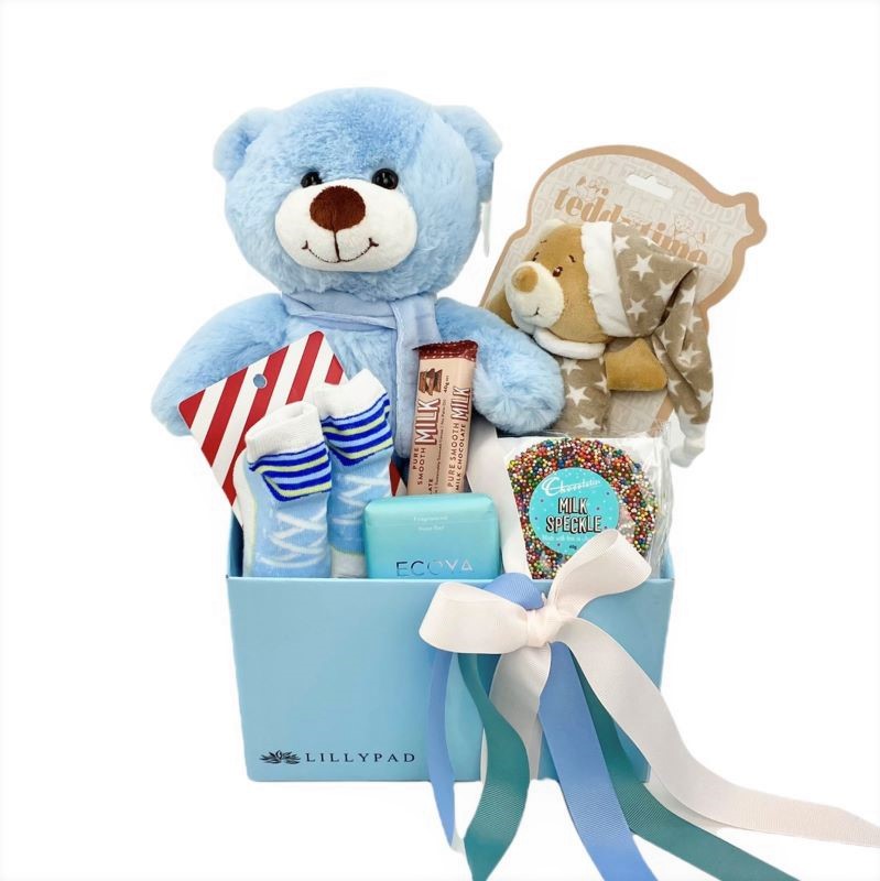 Baby boy gift pack with teddy, rattle, socks, Chocolatier chocolates, Ecoya Lotus soap.