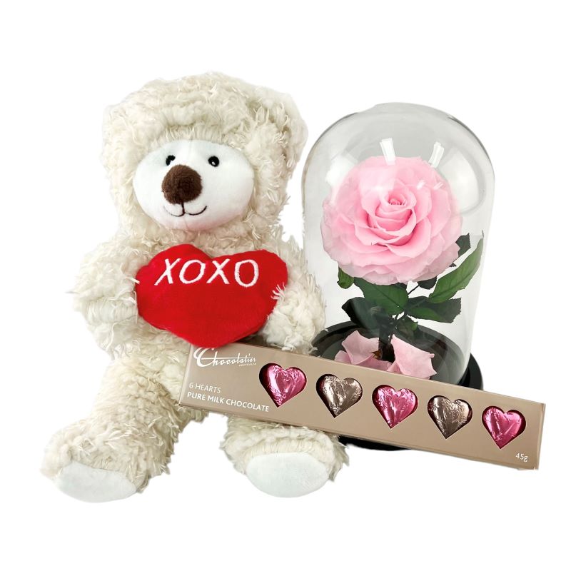Preserved Pink Rose Dome & Teddy Gift wiith Chocolates.