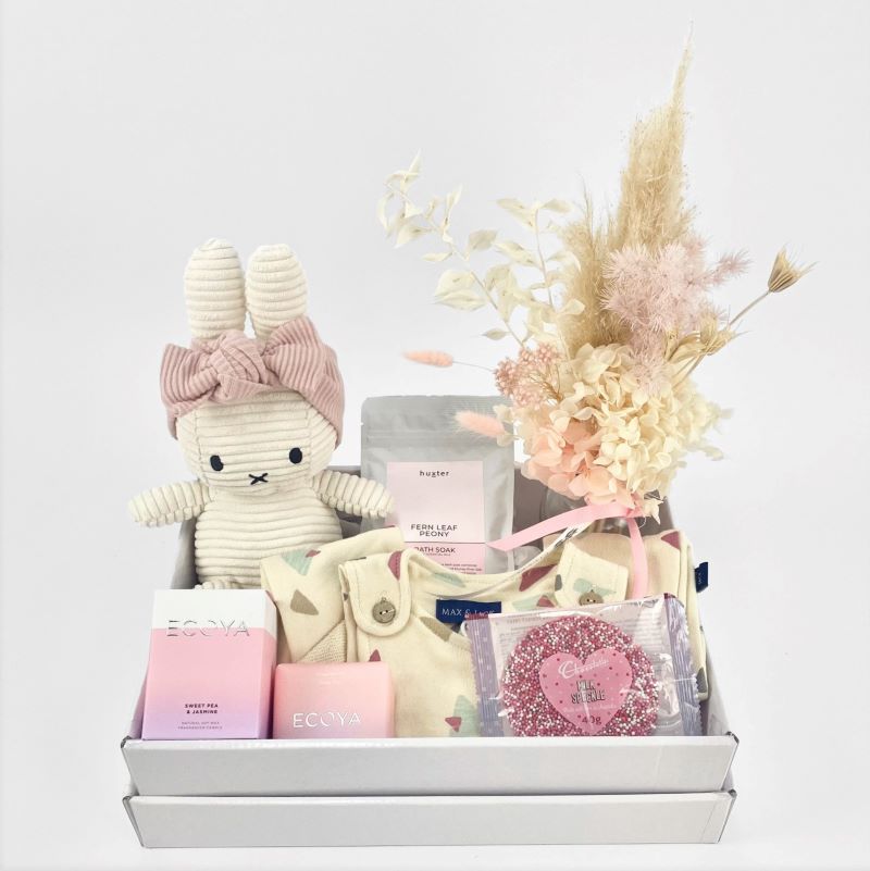 Gift box hamper with baby romper, baby girl headband, miffy bunny, ecoya candle & soap, Huxter bath soak, chocolate & preserved flower arrangement